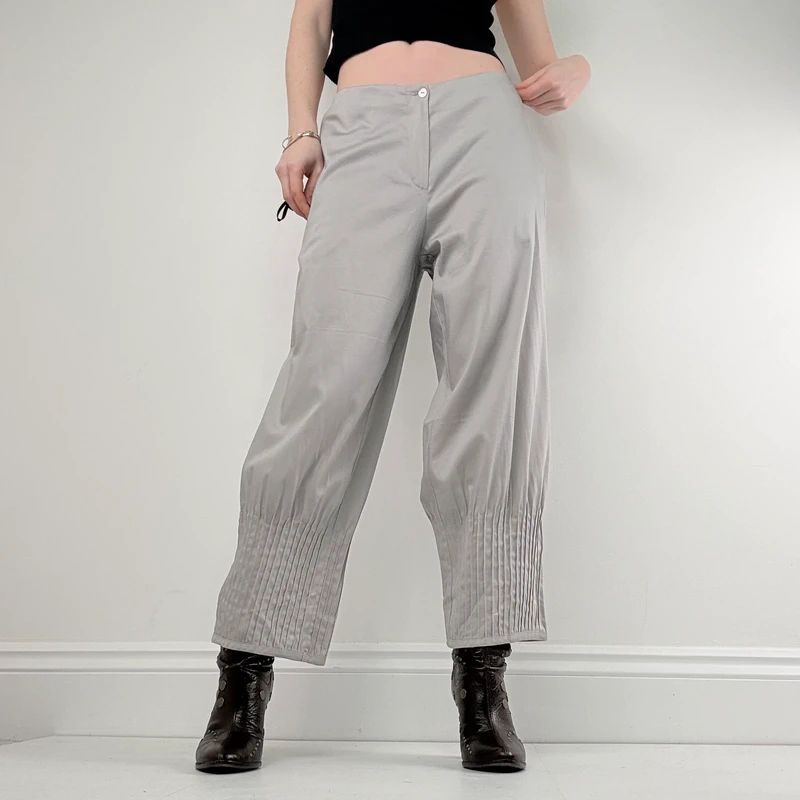 grey pleated puff barrel trousers