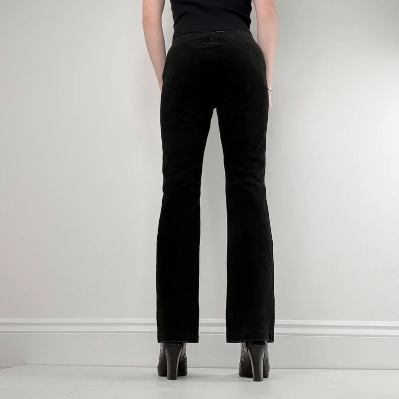 black suede embroidery flared trousers