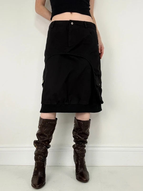 black layered utility midi skirt