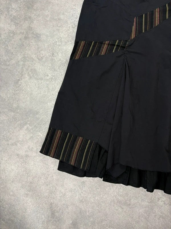 Black flared pleated pinstriped layered maxi skirt
