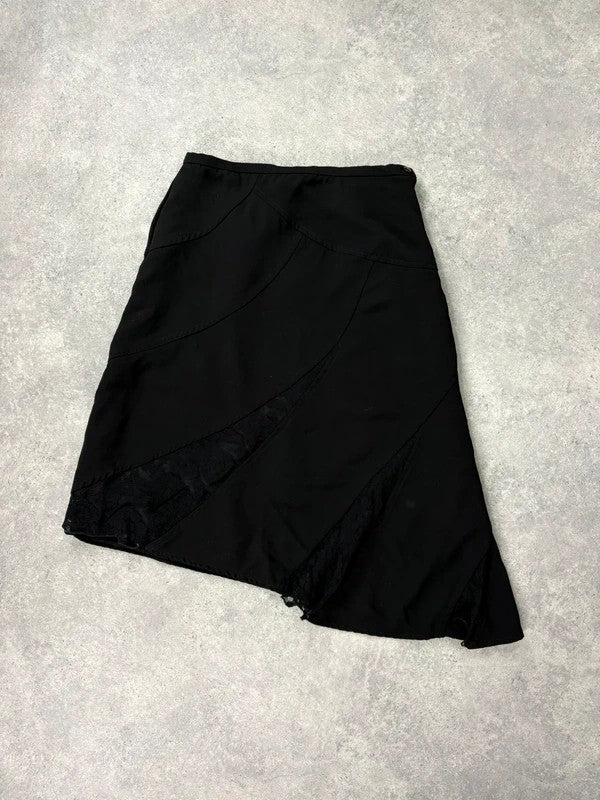 black asymmetric lace panelled midi skirt
