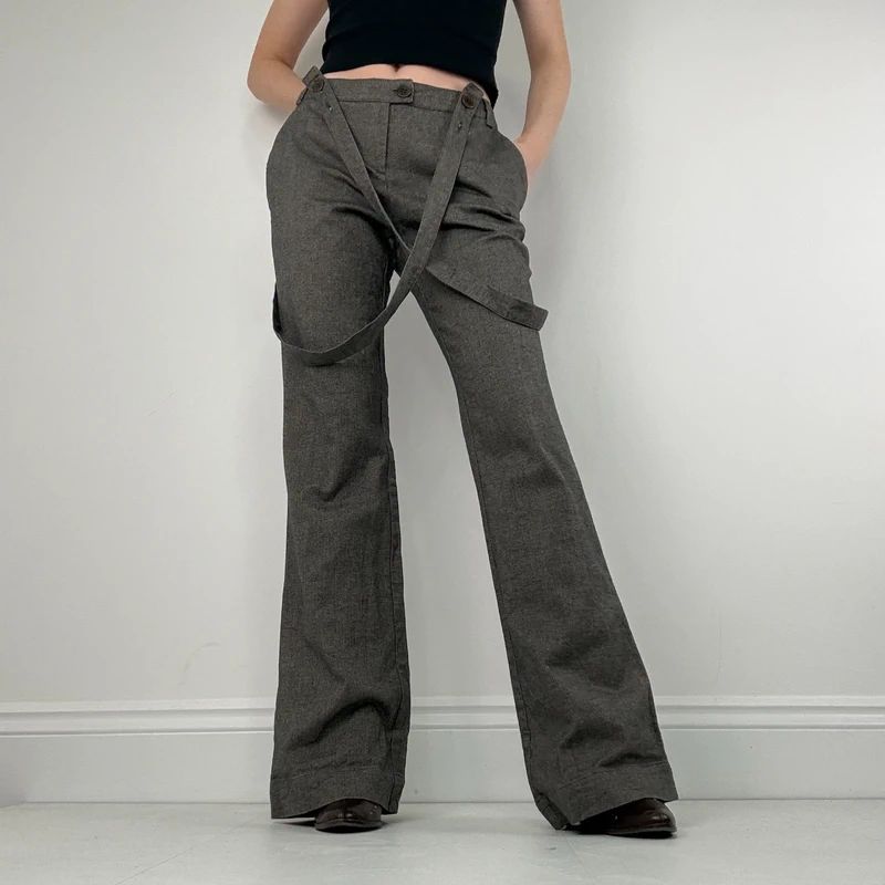 grey suspender flared suit trousers