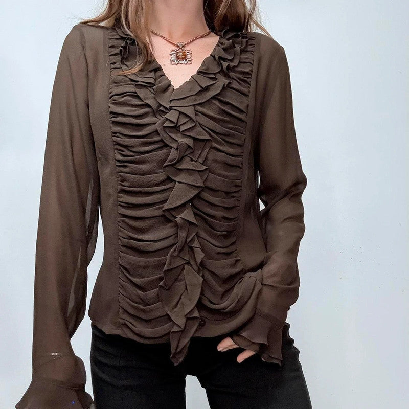sheer brown silky gathered ruffle shirt