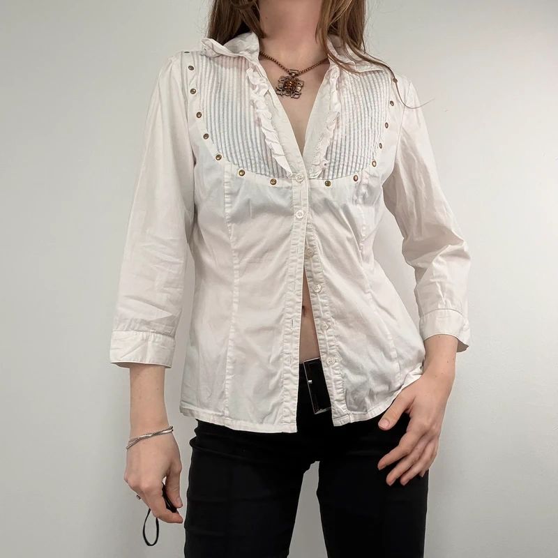 white pleated studded cotton napoleonic Morgan shirt