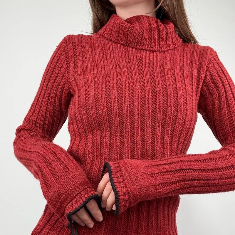 red wool ribbed knit jumper