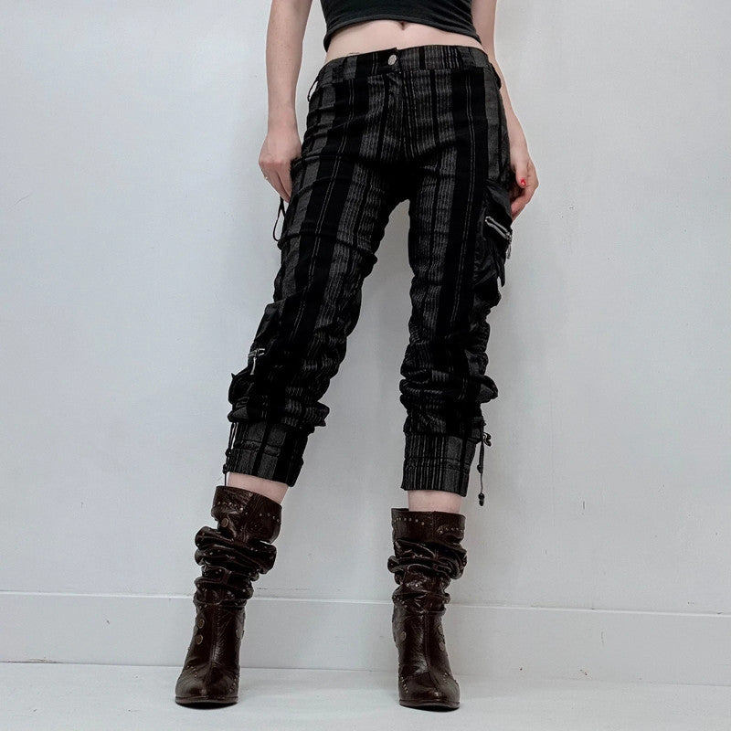 black pinstripe gathered structured cropped trousers