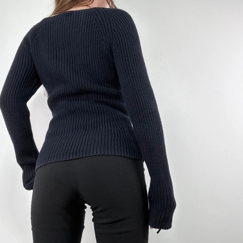 chunky navy knitted slash neck fisherman rib jumper