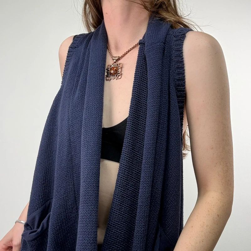 Navy knitted slouchy draped neck vest sweater
