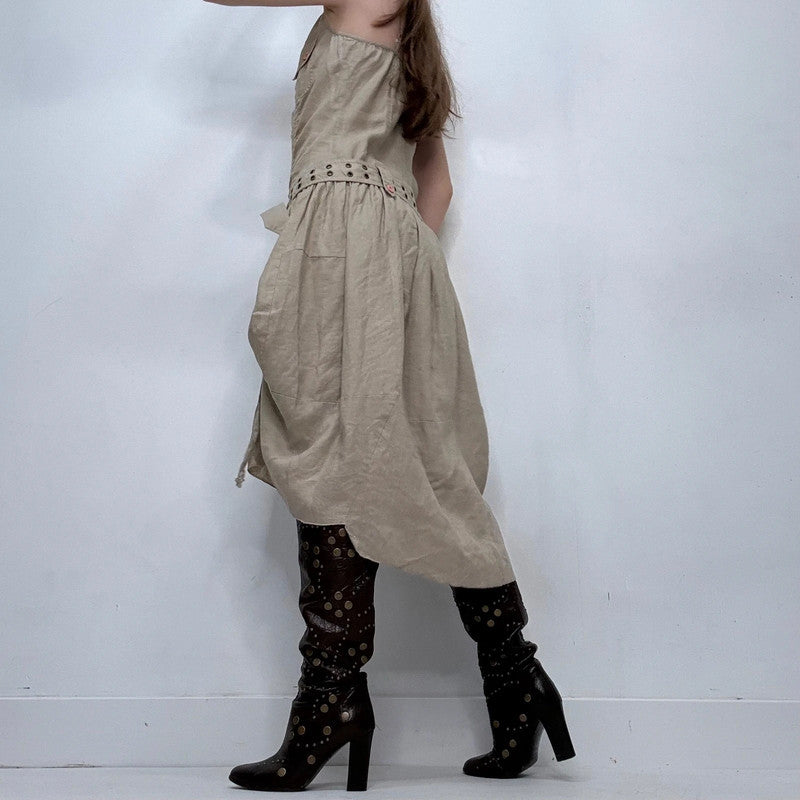 draped khaki belted grunge midi dress