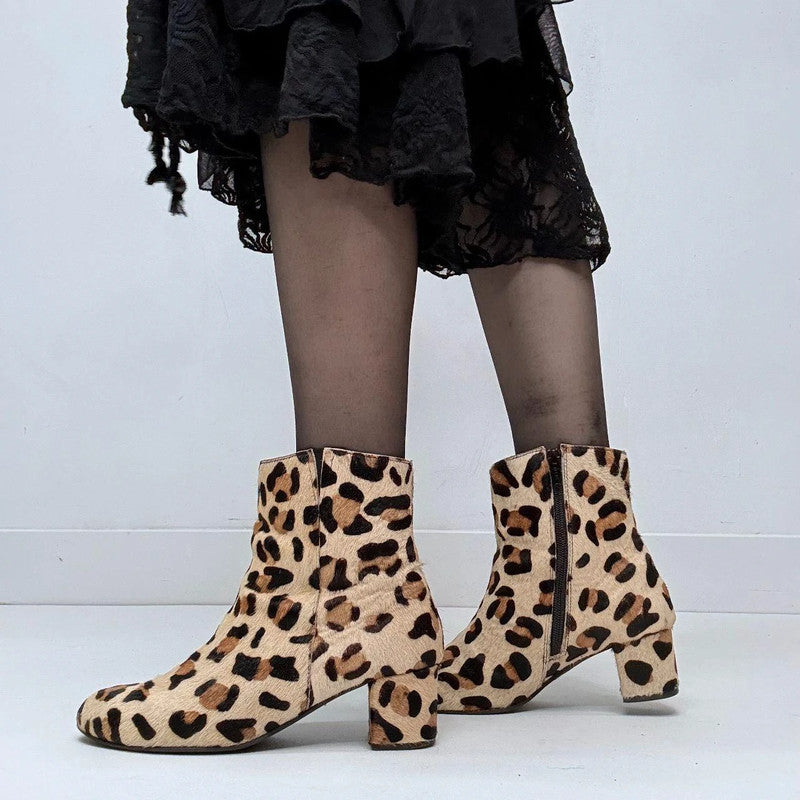 leopard print pony hair heel boots