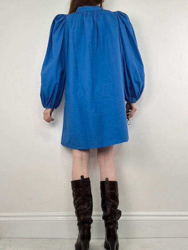 Blue cotton button puff midi shirt dress