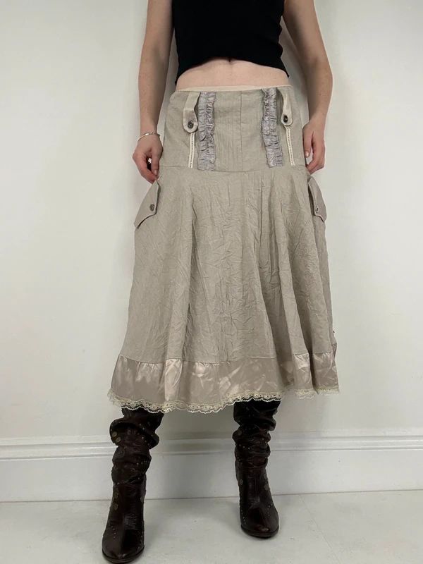 Khaki flared ruffle drop waist midi skirt